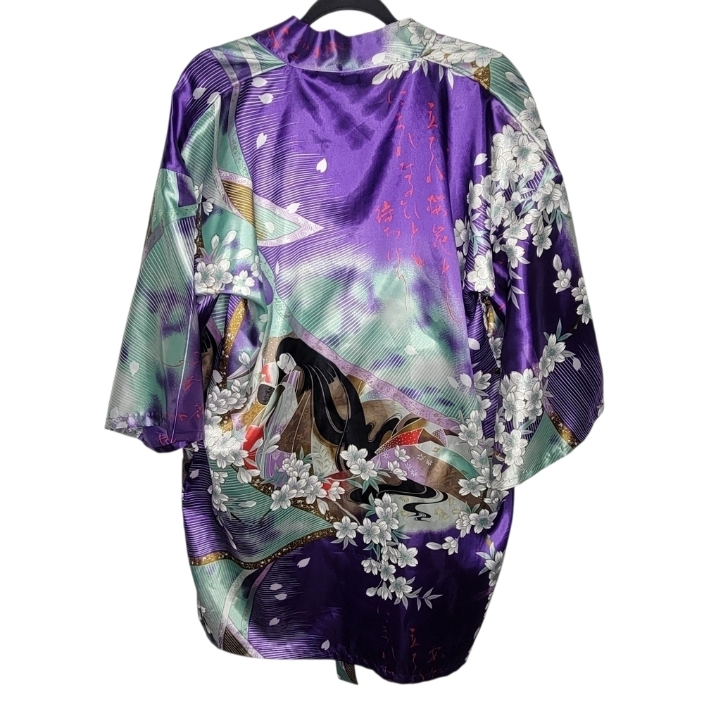Vintage 90s Juguemm Japanese Kimono Bath Robe One Size in Purple Floral Lady - Picture 2 of 5